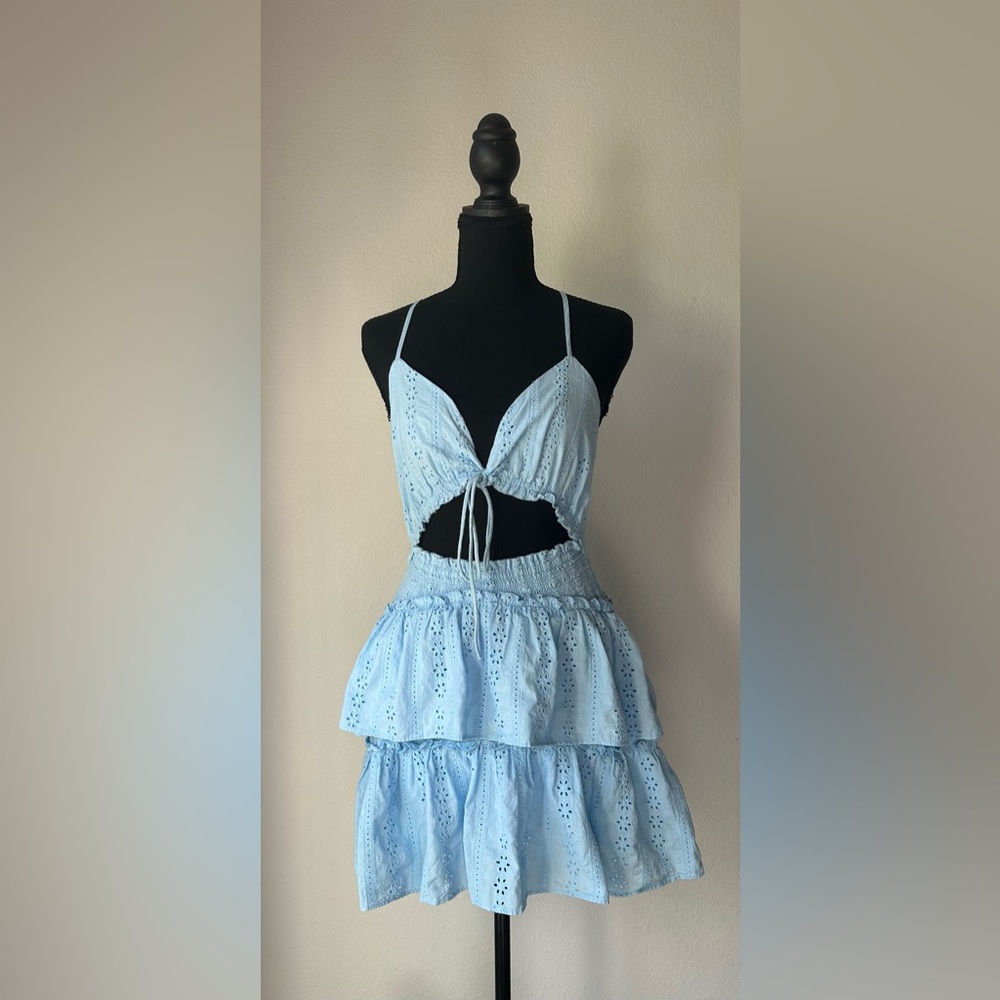 Cottage Light Blue Eyelet Mini Dress with zip back, tie front and tiered skirt